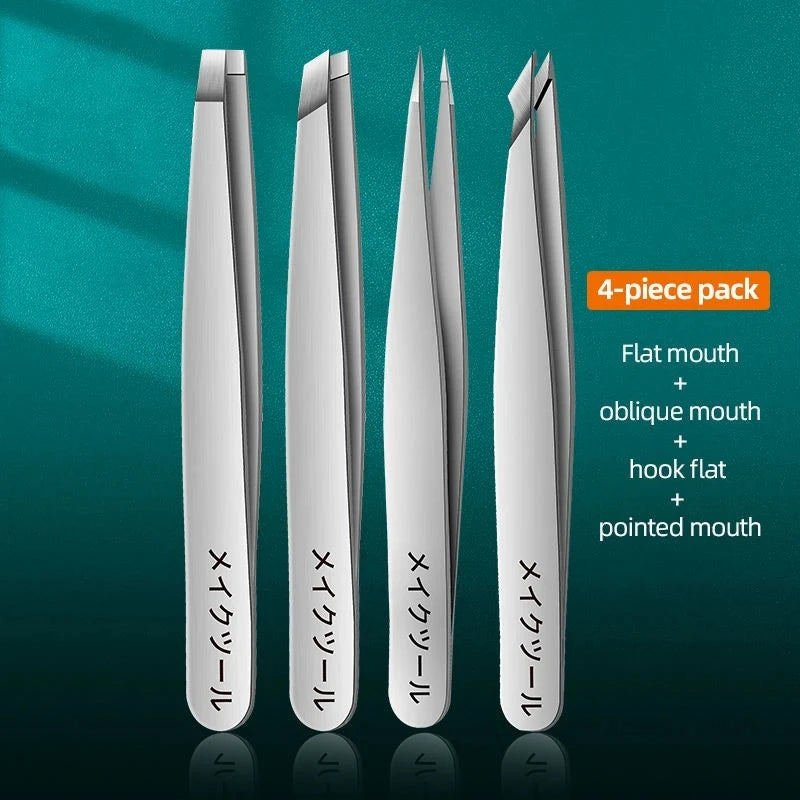 4PCS Precision Stainless Steel Tweezers For Eyebrow Hair Facial Hair Removal Splinter Blackhead Slant Tip Angle Tip Pointed Ti