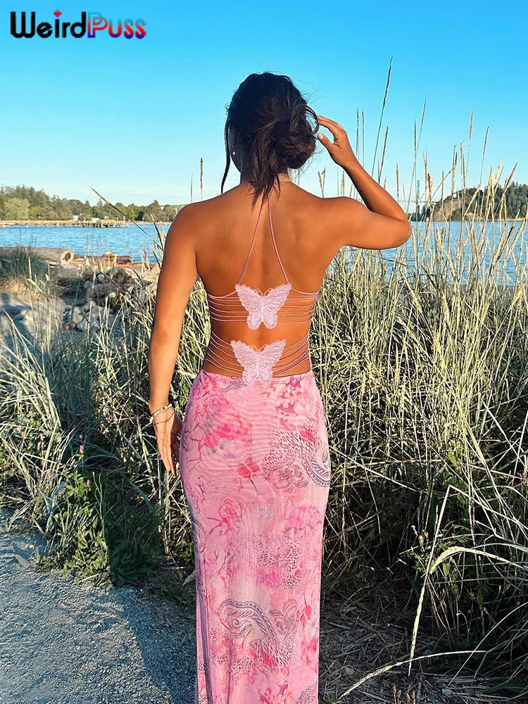 Butterfly Print Backless Dress - Spaghetti Strap Halter Style