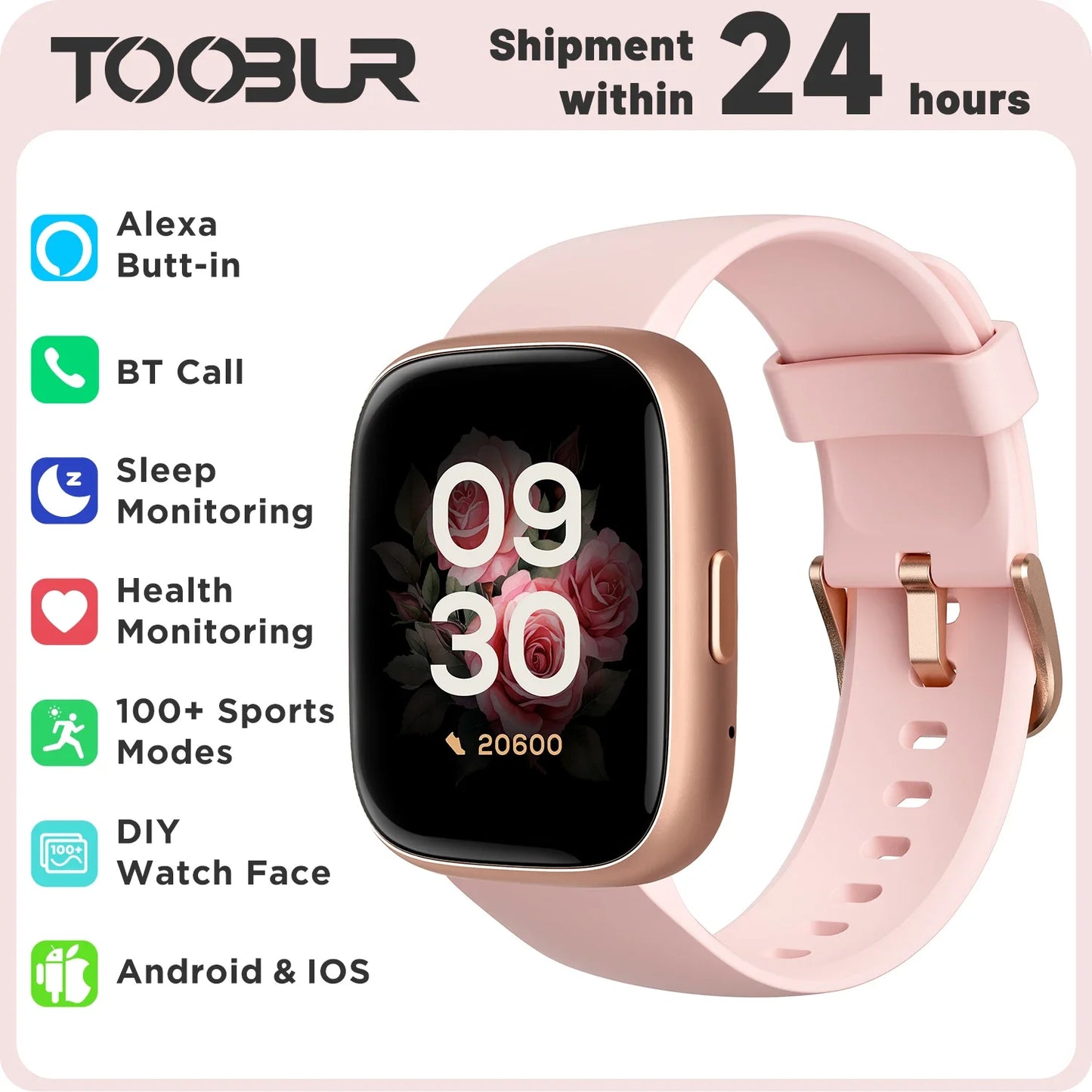 TOOBUR Smart Watch with Alexa Built-in - Heart Rate & Sleep Monitor