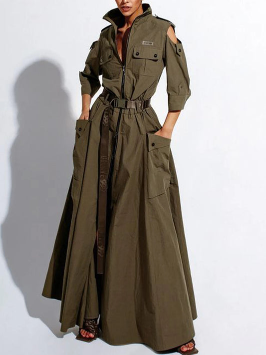 Retro Summer Dress - Cold Shoulder with Belt and Pockets