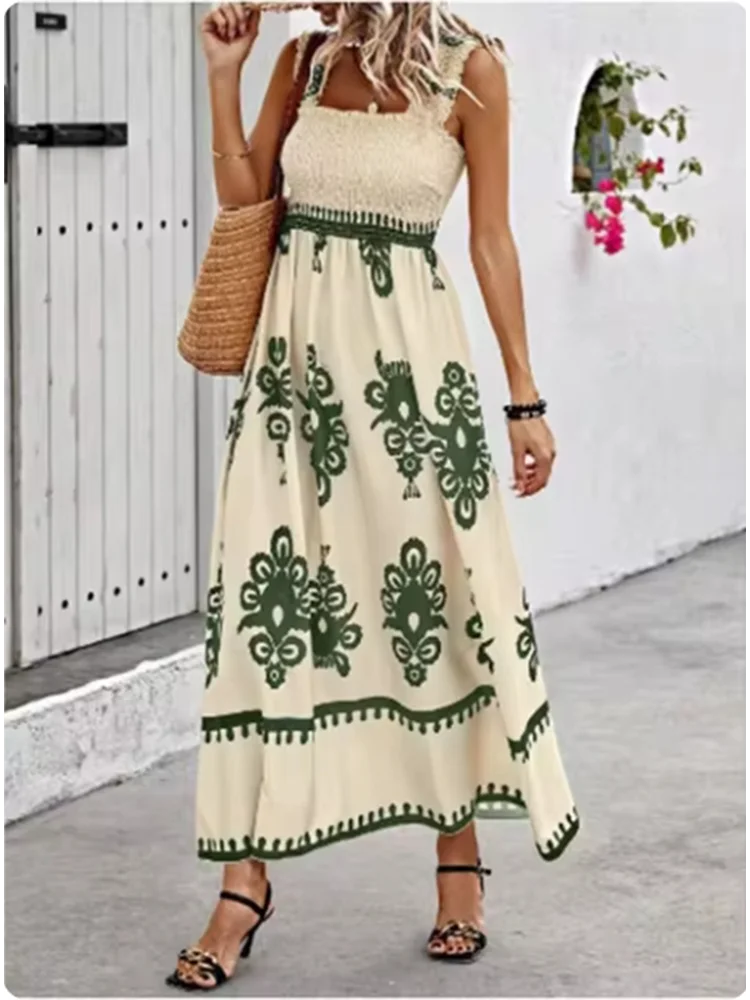 Summer Square Collar Printed Dress - High Waist A-Line Suspender Dress
