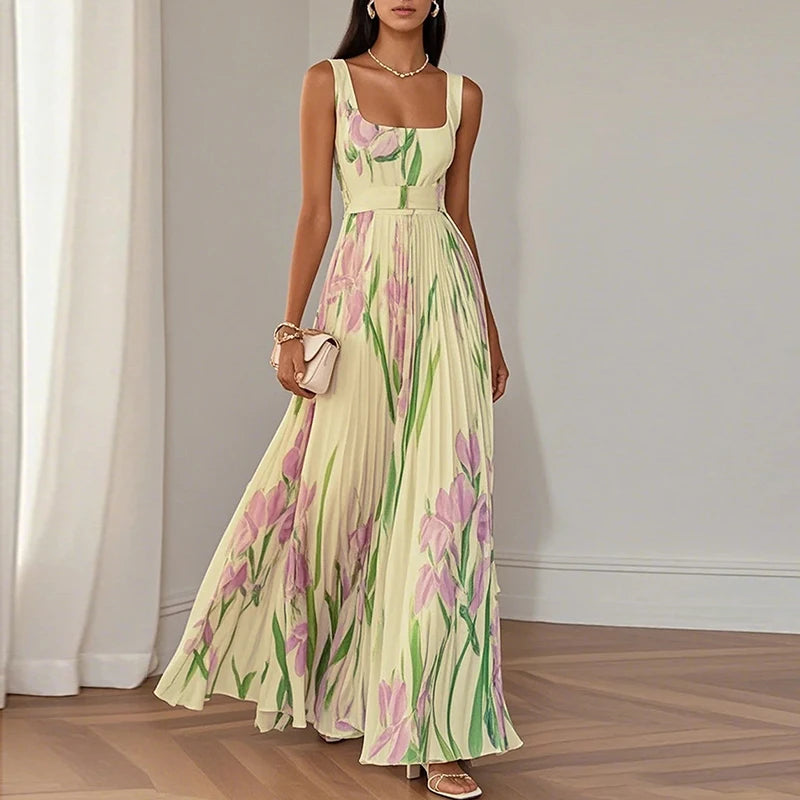 Floral Print Sleeveless Dress - Square Collar Party Style