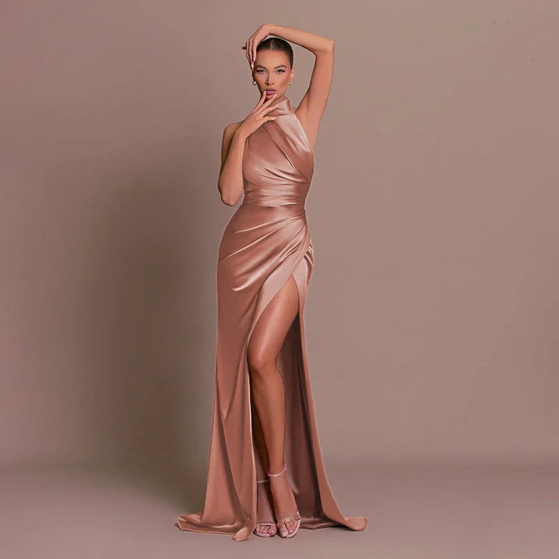Elegant Satin Evening Dress - Sleeveless Halter Long Dress