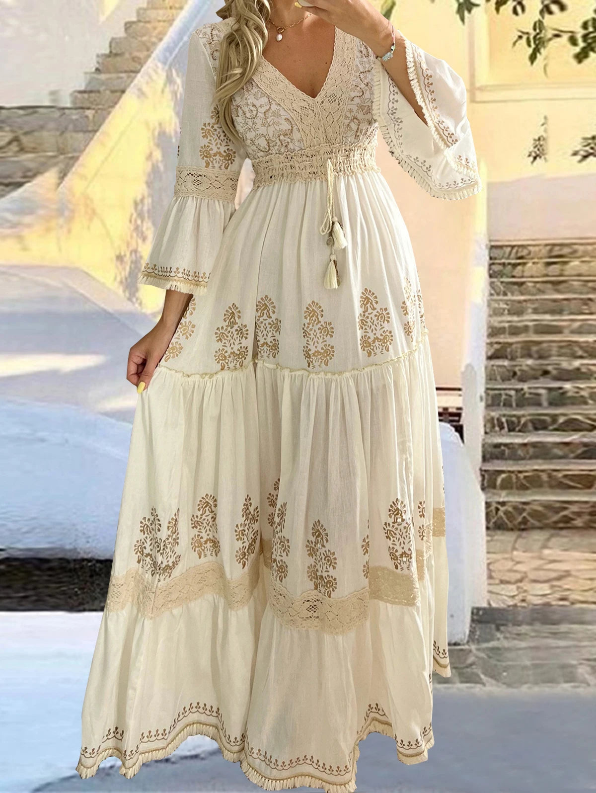 Retro Floral Print Maxi Dress - V-Neck with Flared Sleeves