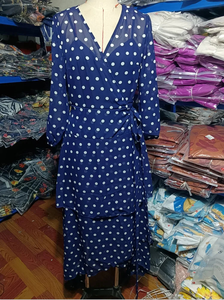Wave Dot Print Long Dress - V-Neck Long Sleeve with Irregular Hem