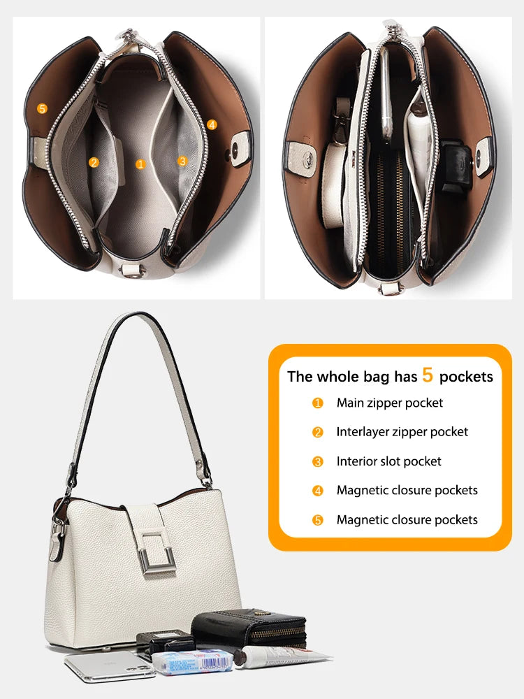 White Leather Designer Tote Bag - Zency Bucket Handbag
