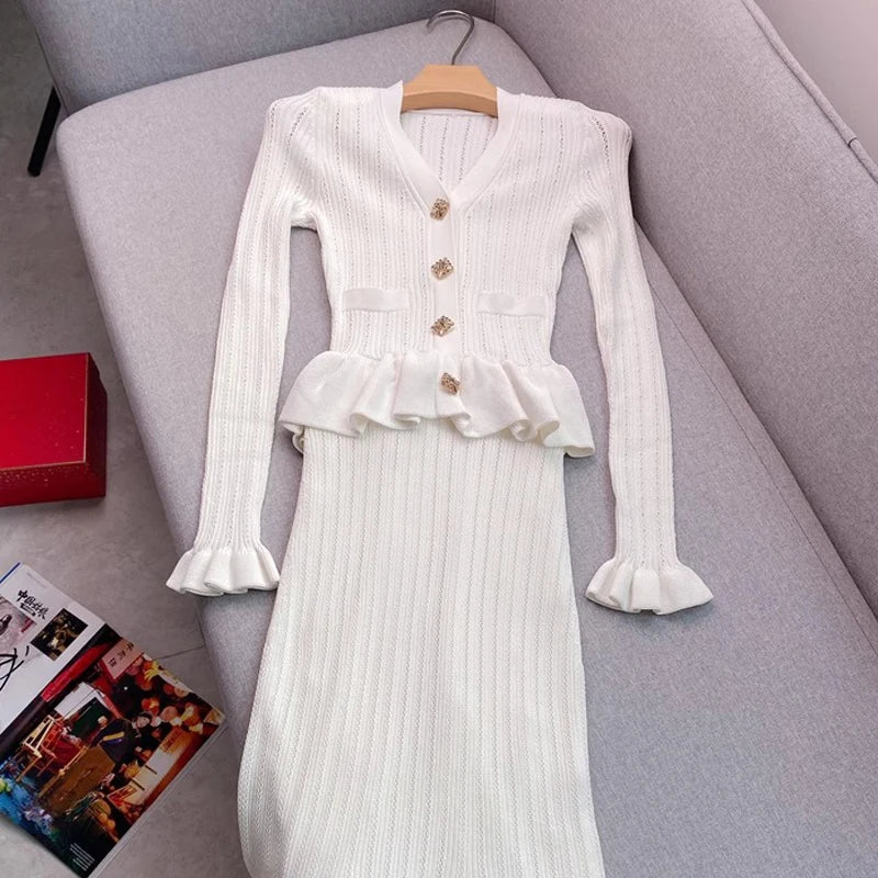 YuooMuoo Elegant V-Neck Knitted Maxi Dress - Women's Slim Fit Bodycon Sweater Dress