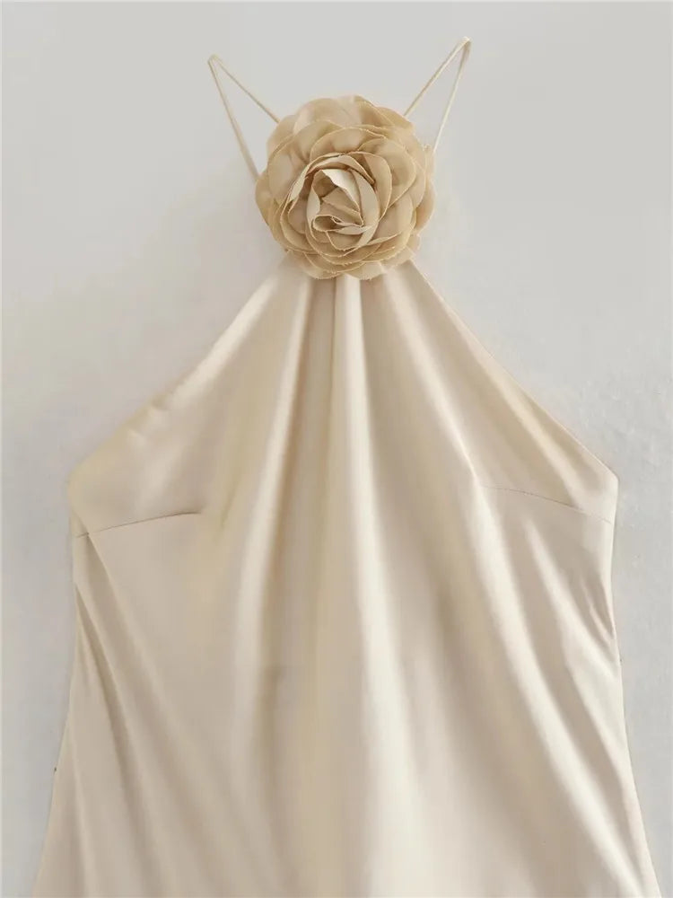 MUJER Floral Halter Dress - Off Shoulder Satin Long Evening Dress with Backless Design