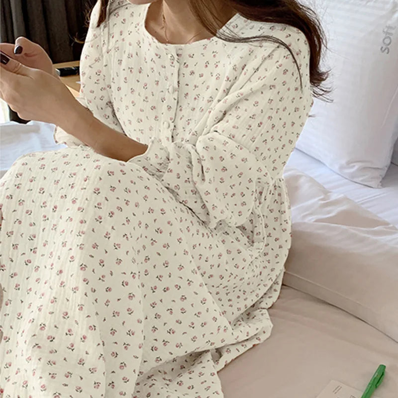 Cotton Gauze Print Dress - Casual Long Sleeve Button-Up