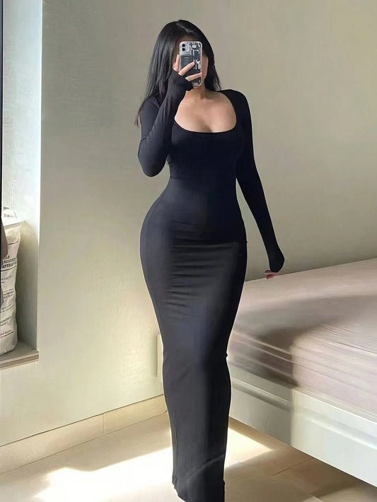 Women's Solid Long Sleeve Bodycon Dress - Chic Basic Minimalist Casual Fashion