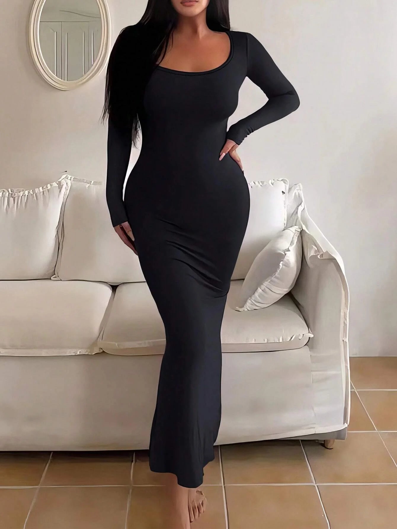 Women's Solid Long Sleeve Bodycon Dress - Chic Basic Minimalist Casual Fashion