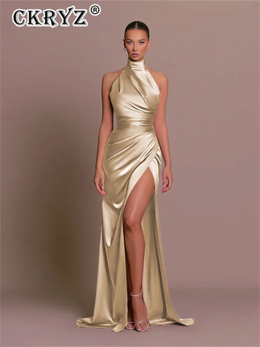 Elegant Satin Evening Dress - Sleeveless Halter Long Dress