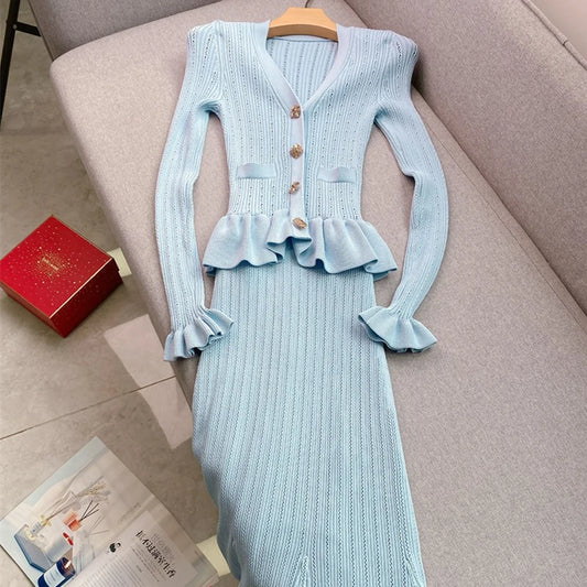 YuooMuoo Elegant V-Neck Knitted Maxi Dress - Women's Slim Fit Bodycon Sweater Dress