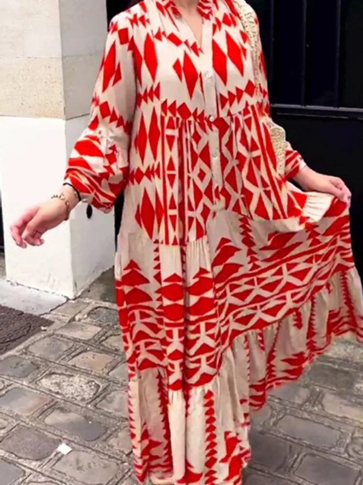 Printed Long Sleeve Dress - V-Neck High Waist Casual Style