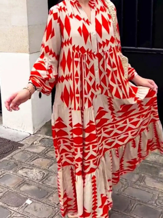 Printed Long Sleeve Dress - V-Neck High Waist Casual Style