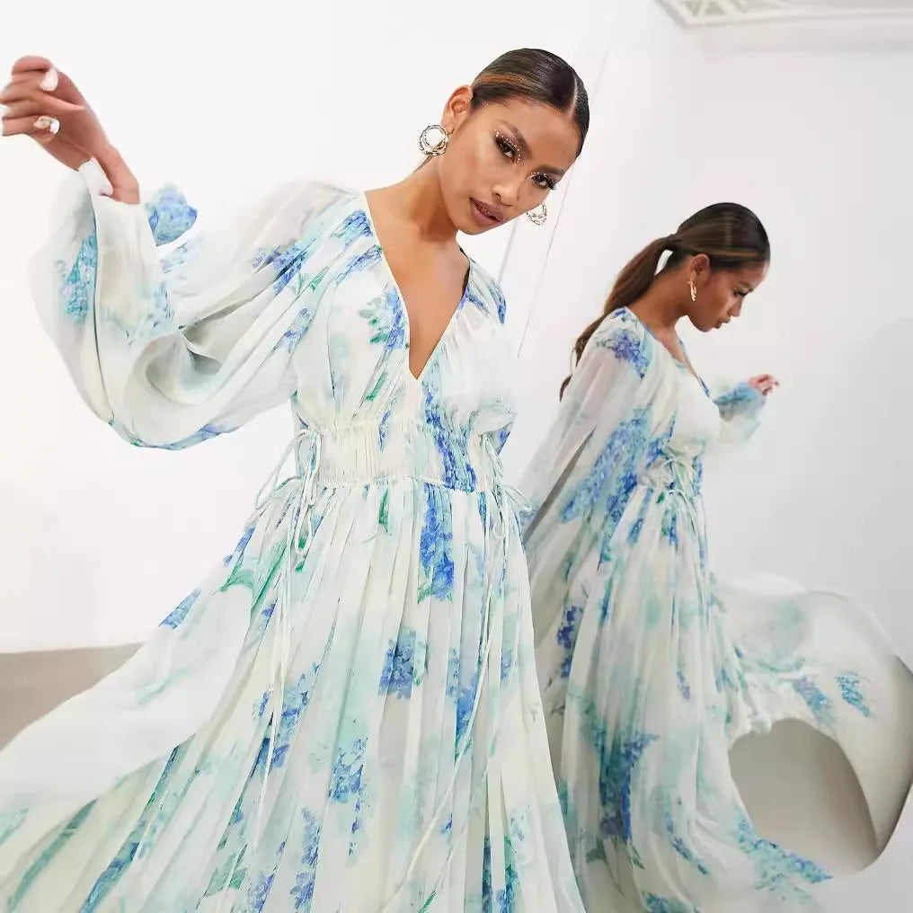 Elegant Print Chiffon Dress - V-Neck Long Sleeve Party Style