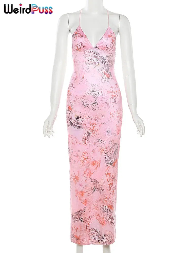 Butterfly Print Backless Dress - Spaghetti Strap Halter Style