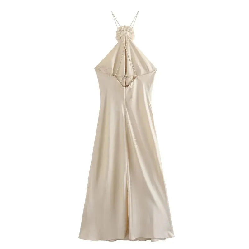 MUJER Floral Halter Dress - Off Shoulder Satin Long Evening Dress with Backless Design