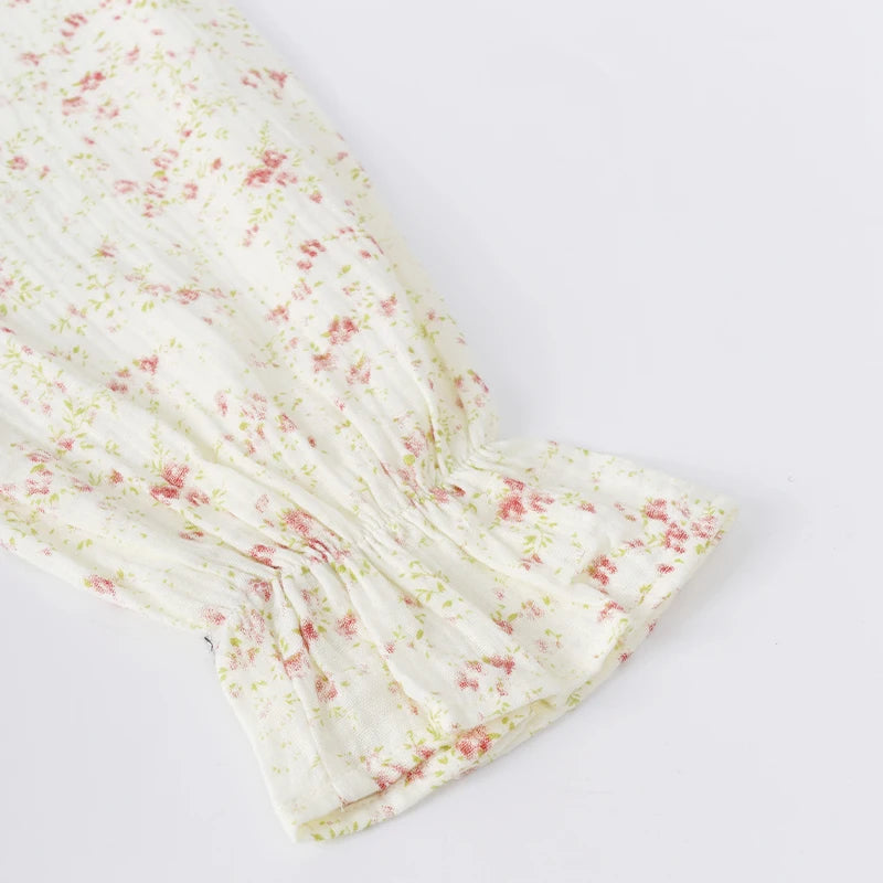 Cotton Gauze Print Dress - Casual Long Sleeve Button-Up