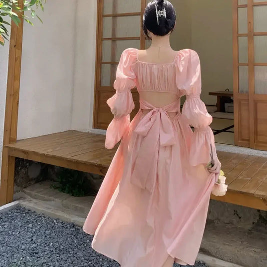Sweet Back Puff Sleeve Dress - Pink Bandage Chiffon Dress