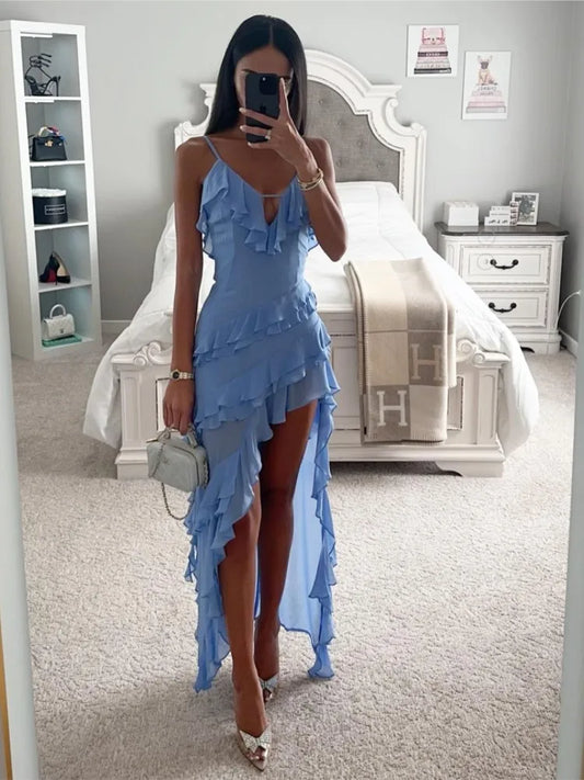 Elegant Beach Dress - Solid Colour V-Neck Ruffle Sleeveless Split Dress for Women