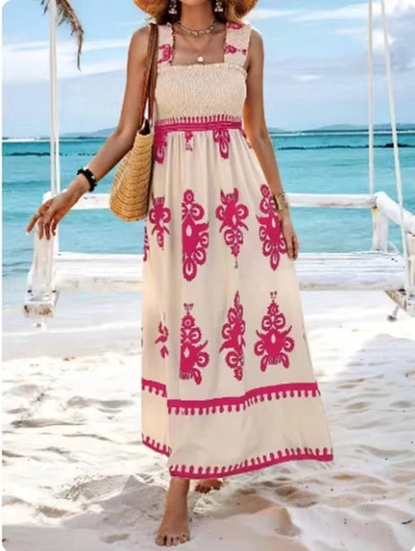 Summer Square Collar Printed Dress - High Waist A-Line Suspender Dress