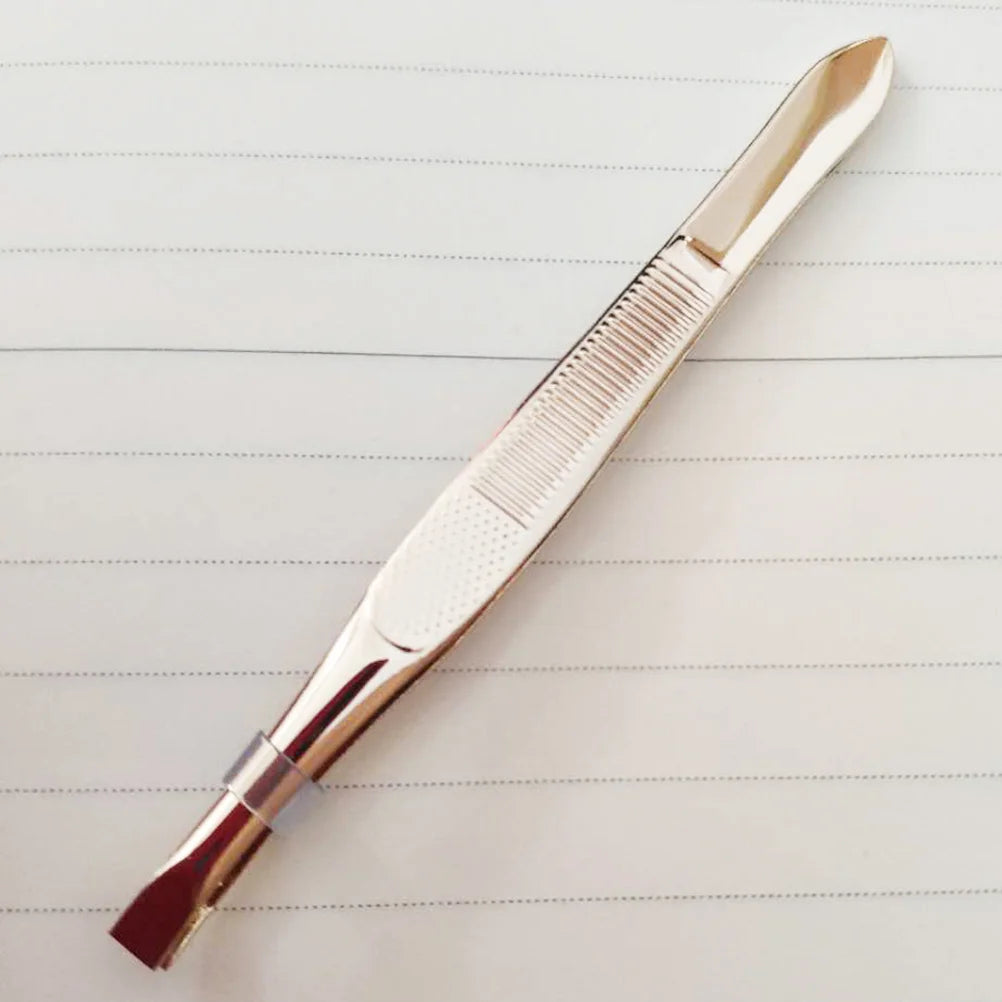 Gold Plated Stainless Steel Eyebrow Tweezers With Comb Precision Tip Eyelash Extension Tools Makeup Accessories Portable