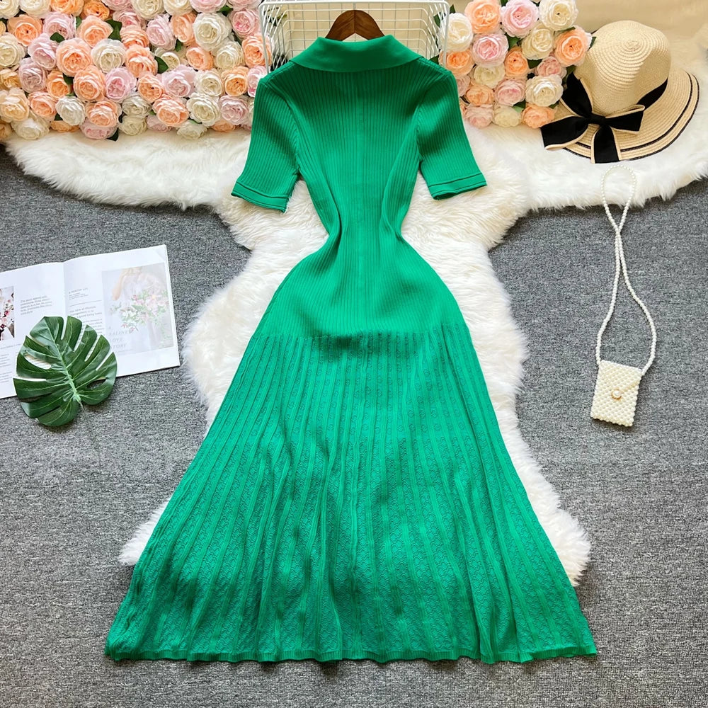 Vintage Knit Maxi Dress - Turn-Down Collar A-Line Style
