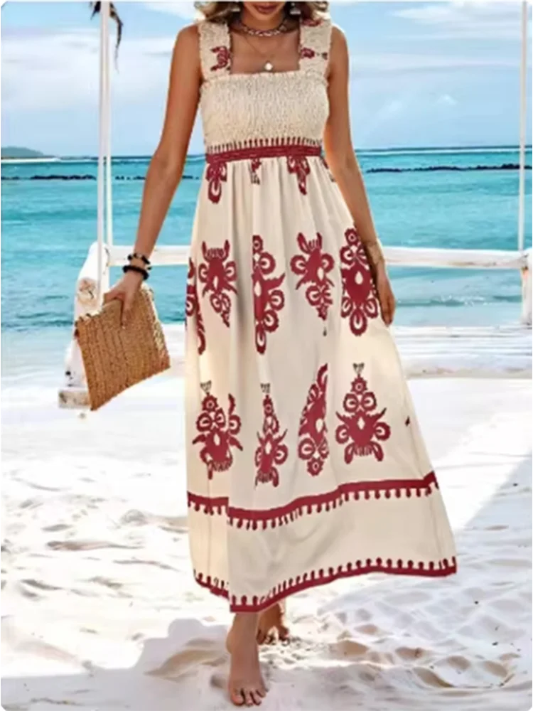 Summer Square Collar Printed Dress - High Waist A-Line Suspender Dress