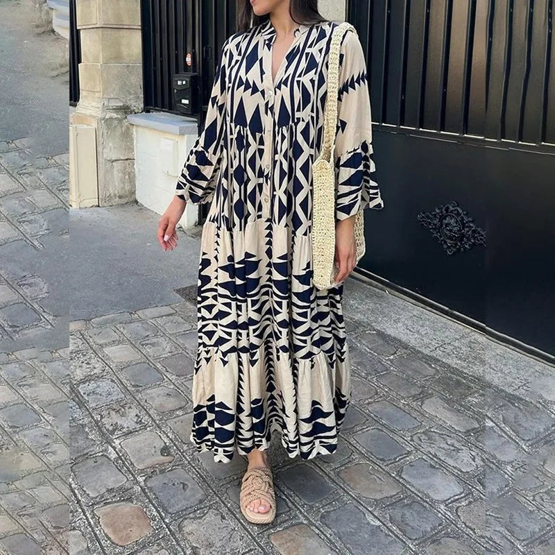Printed Long Sleeve Dress - V-Neck High Waist Casual Style