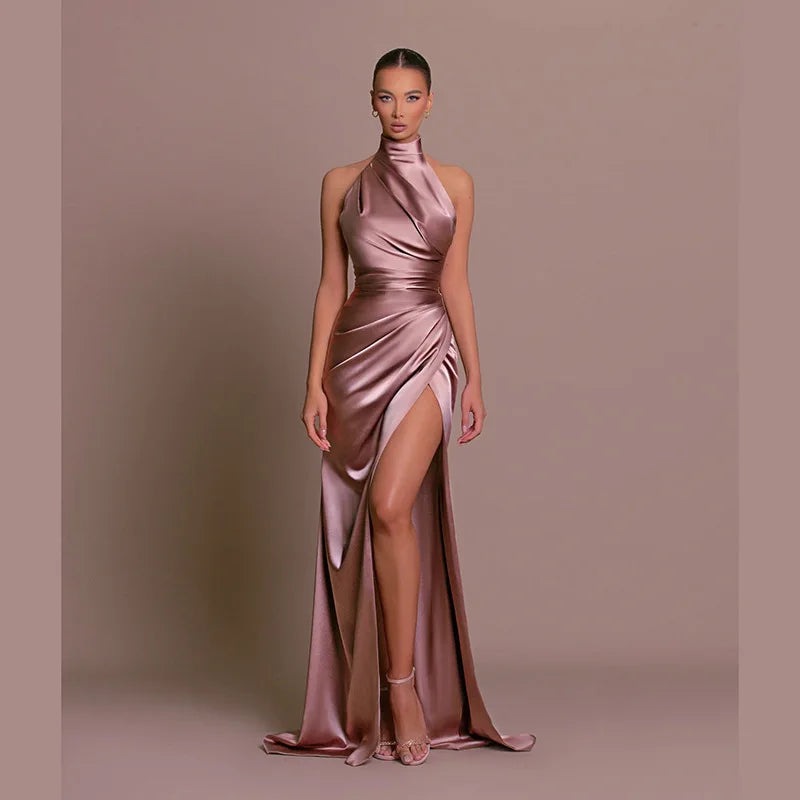 Elegant Satin Evening Dress - Sleeveless Halter Long Dress