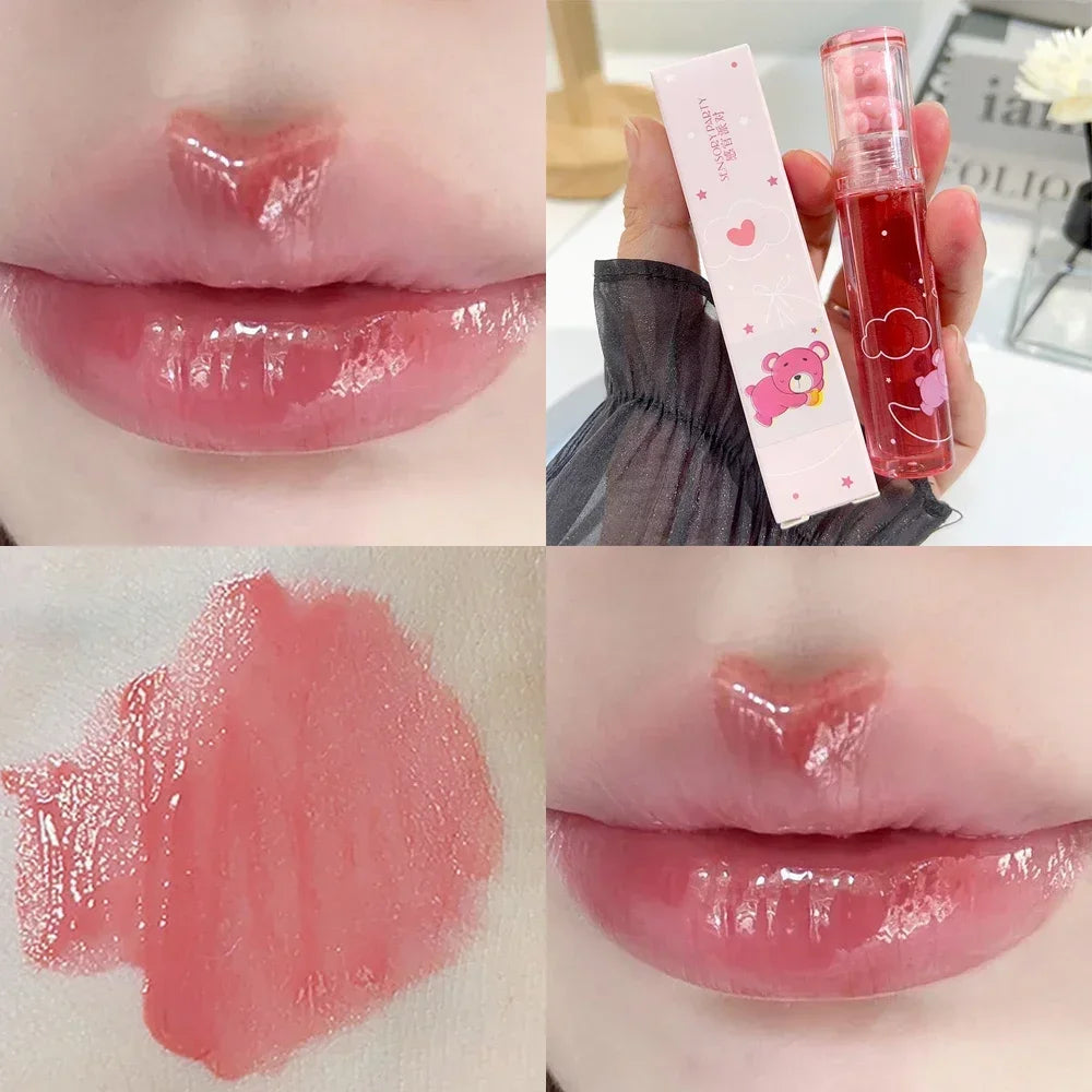 Cute Bear Lip Gloss Crystal Jelly Mirror Waterproof Liquid Lipstick Moisturizing Reducing Lip Lines Long Lasting Lip Ink Makeup