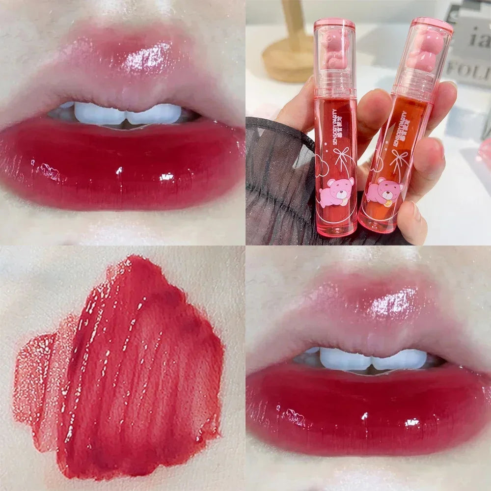 Cute Bear Lip Gloss Crystal Jelly Mirror Waterproof Liquid Lipstick Moisturizing Reducing Lip Lines Long Lasting Lip Ink Makeup