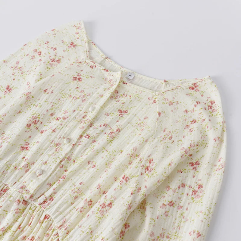 Cotton Gauze Print Dress - Casual Long Sleeve Button-Up