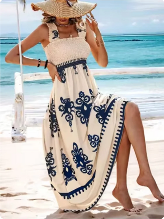 Summer Square Collar Printed Dress - High Waist A-Line Suspender Dress