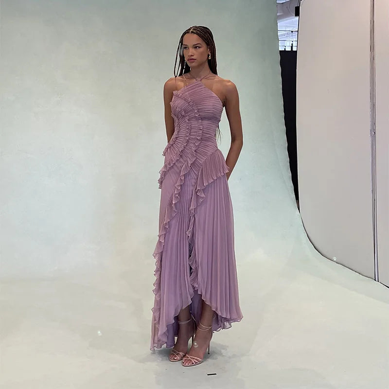Elegant Lotus Edge Maxi Dress - Backless Halter Style