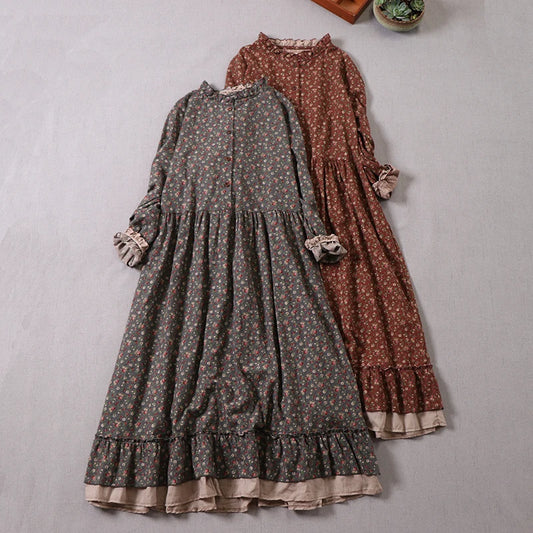 Japanese Mori Girl Vintage Floral Print Cotton Dress - Long Sleeve A-Line Spring Autumn Dress